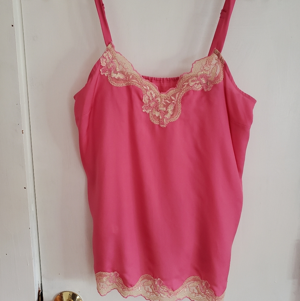 Pink silk camisole tank top with lace trim, adjustable sphaghetti straps